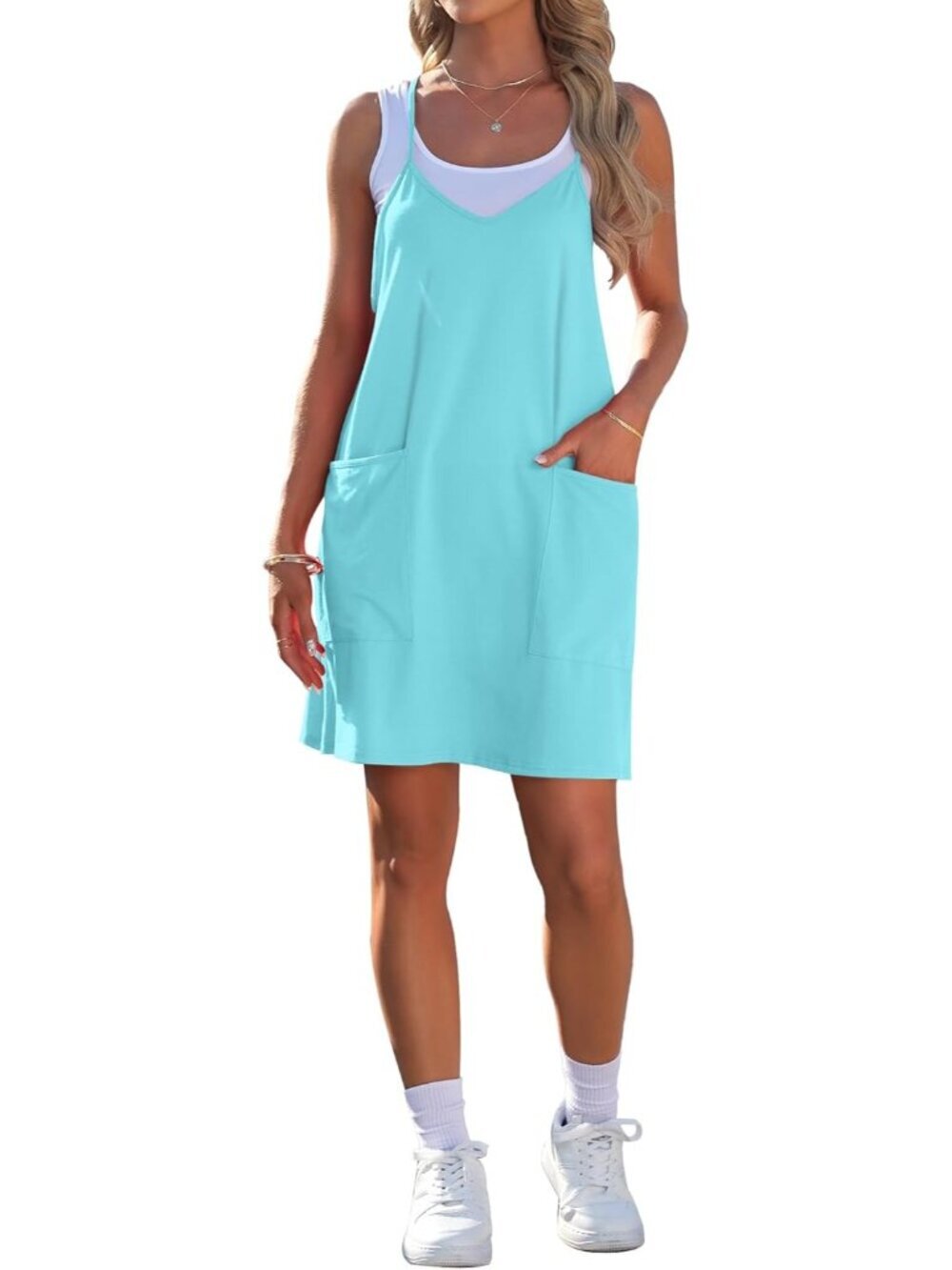 Women's Light Blue Summer Dresses Sleeveless Casual Spaghetti Strap Beach Dress